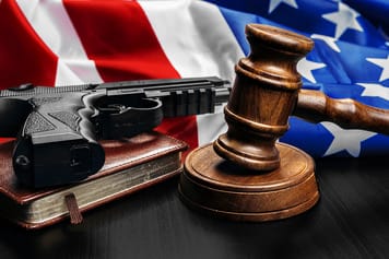 Gavel on wooden table with USA flag. High quality photo